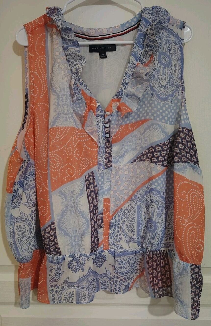 Tommy Hilfiger Shirt Plus Size 3X Woman's Summer Sleeveless Patchwork Light Top